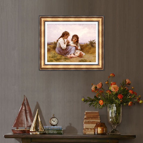 INVIN ART Framed Canvas Art Giclee Print 2 Little girls#144 by the Furies by William Adolphe Bouguereau Wall Art Living Room Home Office Decorations