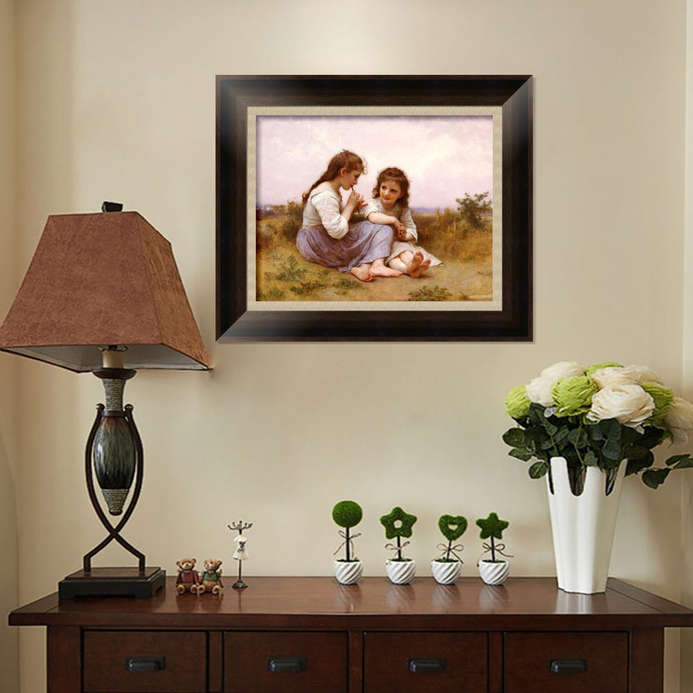 INVIN ART Framed Canvas Art Giclee Print 2 Little girls#144 by the Furies by William Adolphe Bouguereau Wall Art Living Room Home Office Decorations