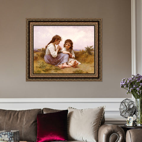 INVIN ART Framed Canvas Art Giclee Print 2 Little girls#144 by the Furies by William Adolphe Bouguereau Wall Art Living Room Home Office Decorations