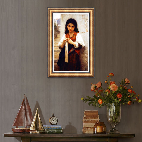 INVIN ART Framed Canvas Art Giclee Print The Knitting Girl by William Adolphe Bouguereau Wall Art Living Room Home Office Decorations