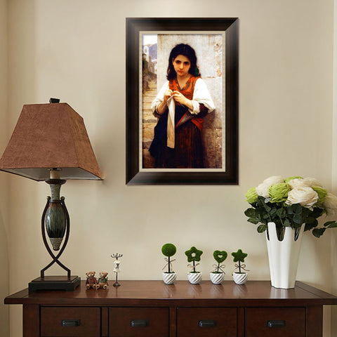 INVIN ART Framed Canvas Art Giclee Print The Knitting Girl by William Adolphe Bouguereau Wall Art Living Room Home Office Decorations