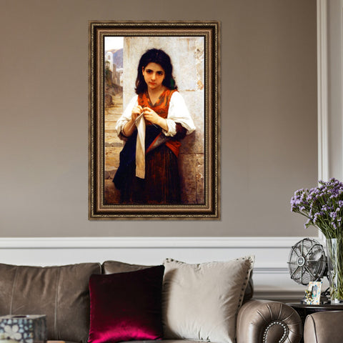 INVIN ART Framed Canvas Art Giclee Print The Knitting Girl by William Adolphe Bouguereau Wall Art Living Room Home Office Decorations