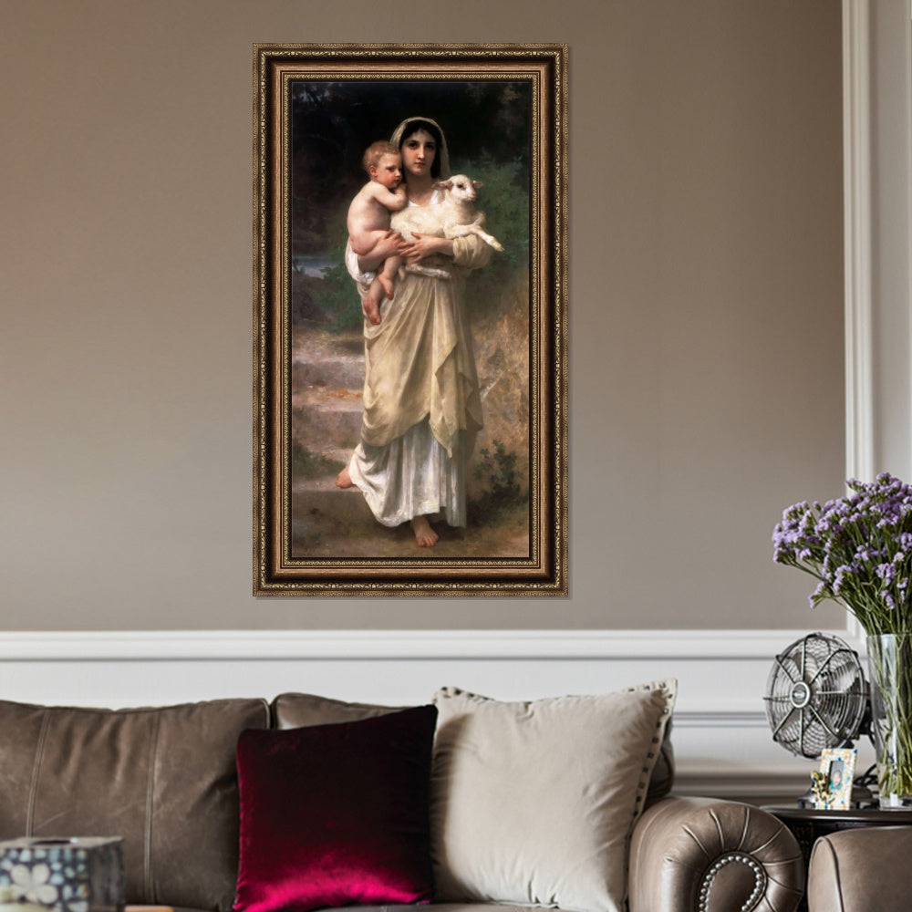 INVIN ART Framed Canvas Art Giclee Print Lambs#166 by William Adolphe Bouguereau Wall Art Living Room Home Office Decorations