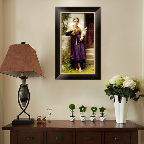 INVIN ART Framed Canvas Art Giclee Print The Spinner by William Adolphe Bouguereau Wall Art Living Room Home Office Decorations