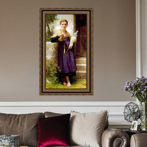 INVIN ART Framed Canvas Art Giclee Print The Spinner by William Adolphe Bouguereau Wall Art Living Room Home Office Decorations