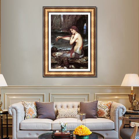 INVIN ART Framed Canvas Art Giclee Print A Mermaid 1900 by John William Waterhouse Wall Art Living Room Home Office Decorations