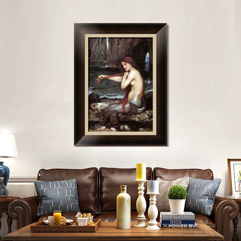 INVIN ART Framed Canvas Art Giclee Print A Mermaid 1900 by John William Waterhouse Wall Art Living Room Home Office Decorations