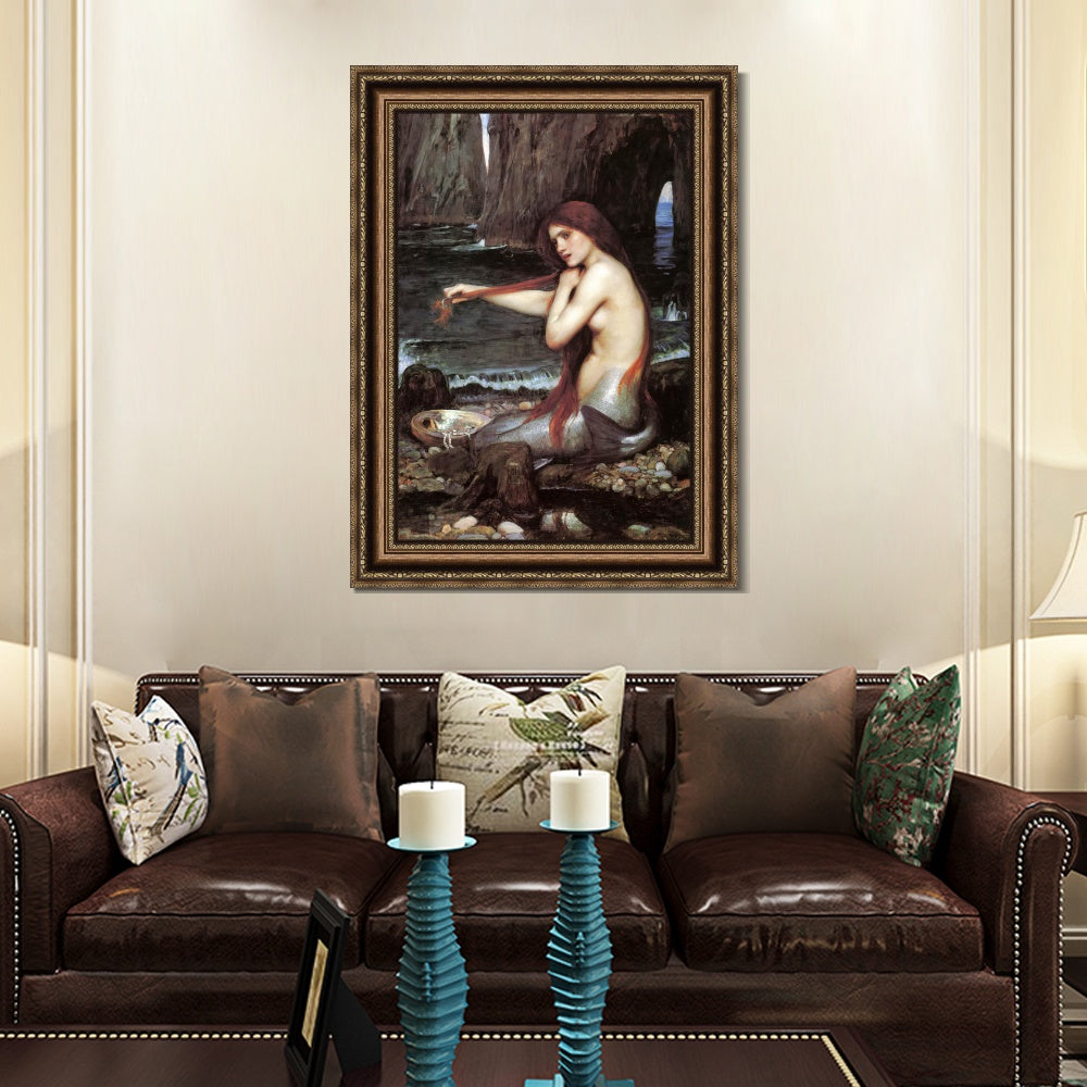 INVIN ART Framed Canvas Art Giclee Print A Mermaid 1900 by John William Waterhouse Wall Art
