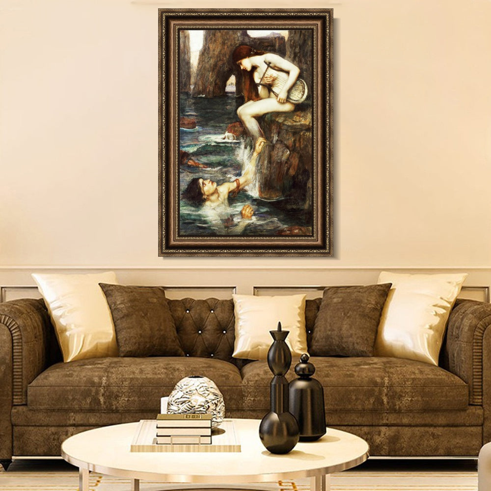 INVIN ART Framed Canvas Art Giclee Print The Siren by John William Waterhouse Wall Art