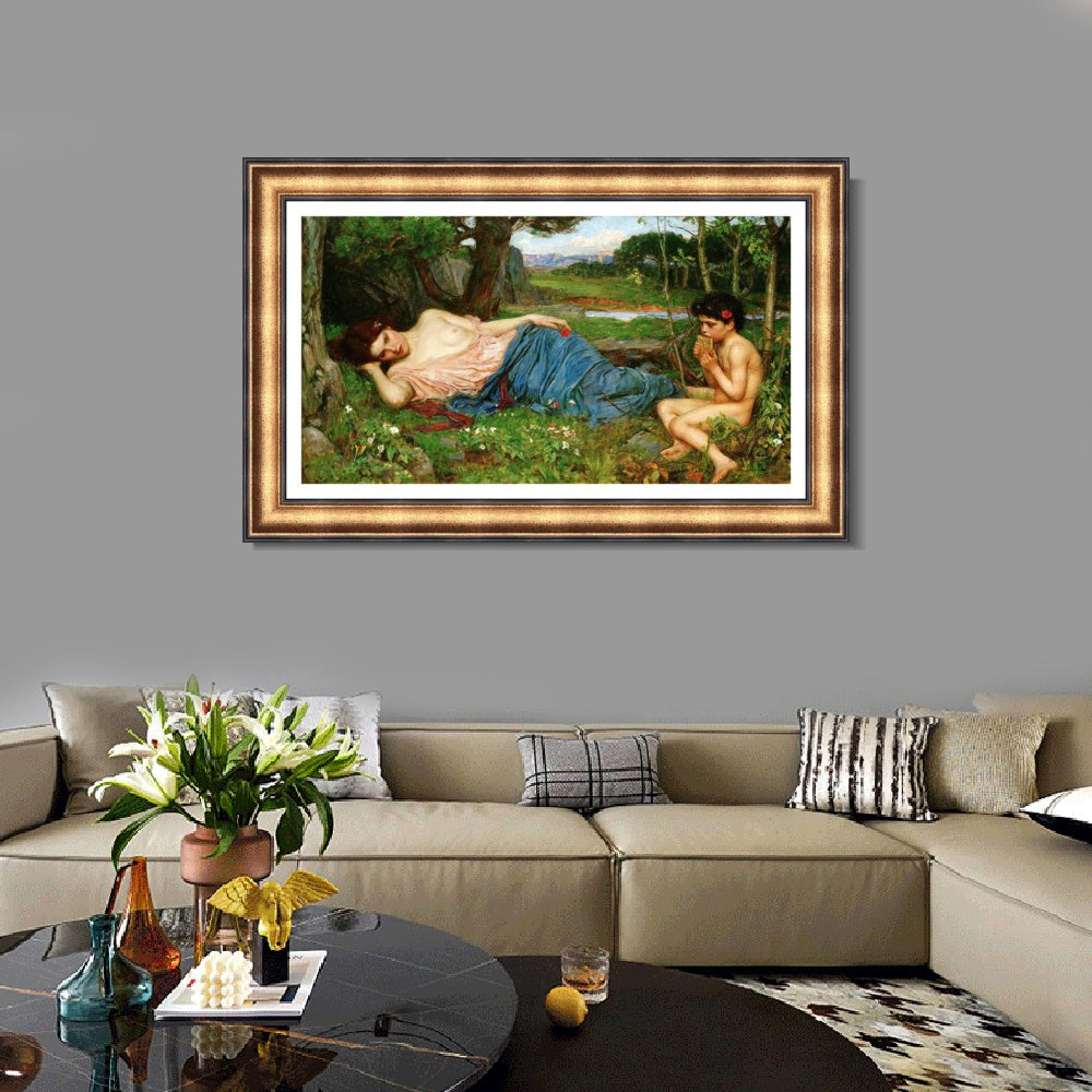 INVIN ART Framed Canvas Art Giclee Print Listening to His Sweet Pipings by John William Waterhouse Wall Art