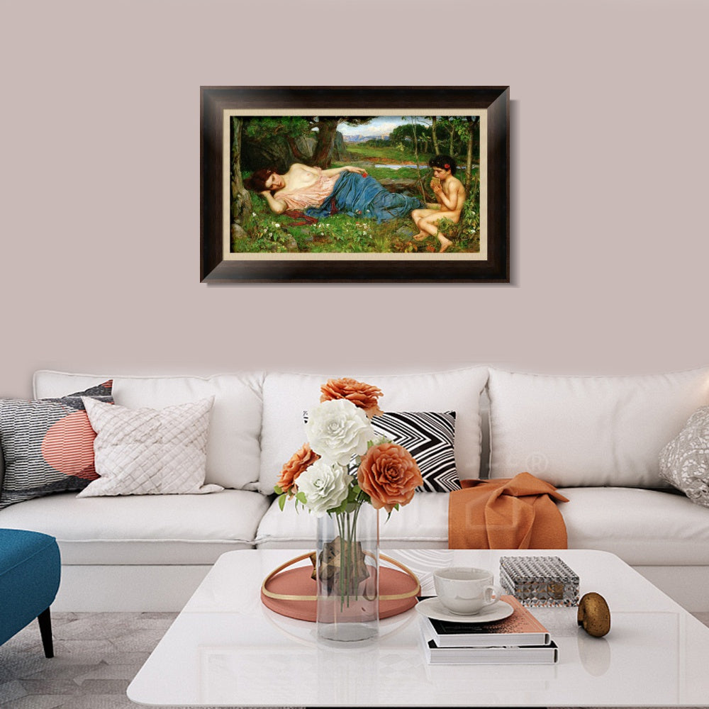 INVIN ART Framed Canvas Art Giclee Print Listening to His Sweet Pipings by John William Waterhouse Wall Art