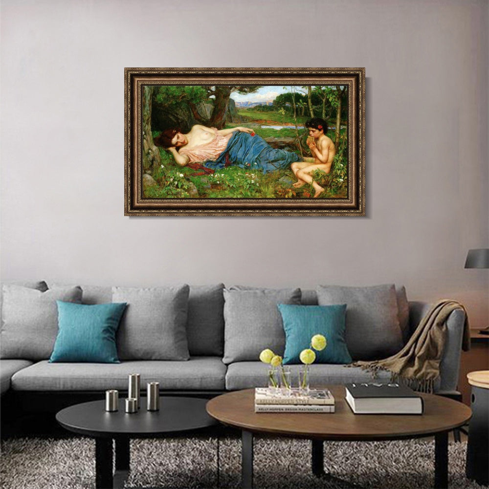 INVIN ART Framed Canvas Art Giclee Print Listening to His Sweet Pipings by John William Waterhouse Wall Art
