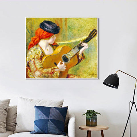 INVIN ART Framed Canvas Young Spanish Woman with a Guitar by Pierre Auguste Renoir Wall Art Living Room Home Office Decorations