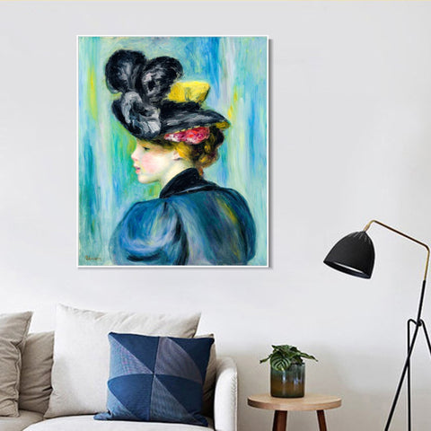 INVIN ART Framed Canvas JEUNE FEMME AU CHAPEAU NOIR by Pierre Auguste Renoir Wall Art Living Room Home Office Decorations