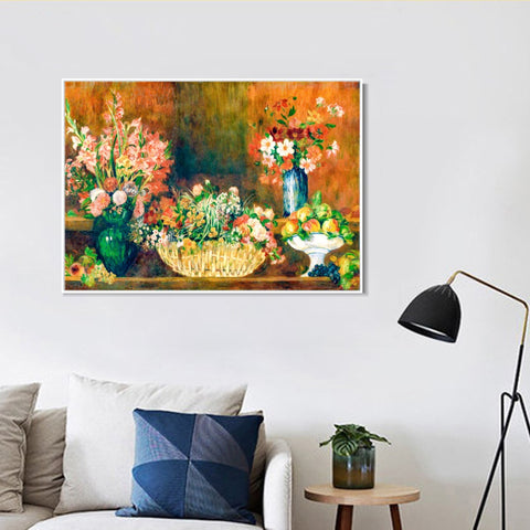 INVIN ART Framed Canvas Still Life with Flowers and Fruit by Pierre Auguste Renoir Wall Art Living Room Home Office Decorations