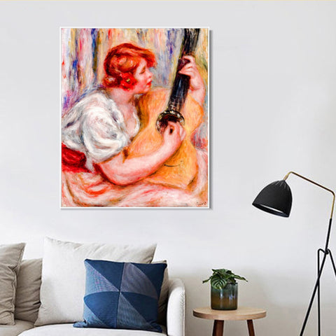 INVIN ART Framed Canvas Woman with a Guitar by Pierre Auguste Renoir Wall Art Living Room Home Office Decorations