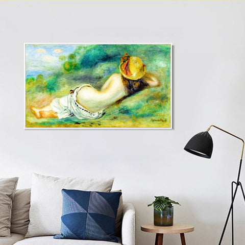 INVIN ART Framed Canvas BAIGNEUSE ALLONGEE DE DOS AVEC UN CHAPEAU DE PAILLE OR FEMME COUCHEE SUR L'HERBE by Pierre Auguste Renoir Wall Art Living Room Home Office Decorations