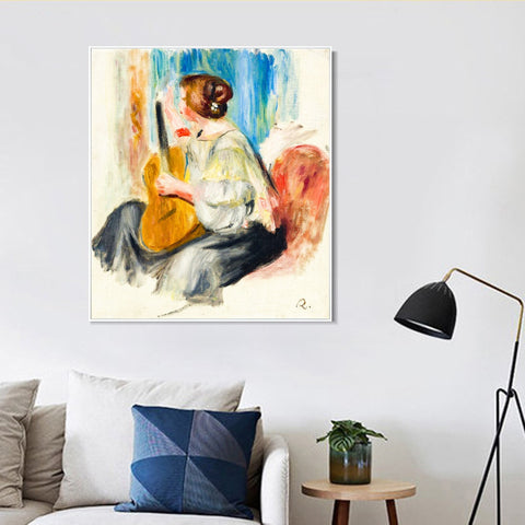 INVIN ART Framed Canvas FEMME A LA GUITARE by Pierre Auguste Renoir Wall Art Living Room Home Office Decorations