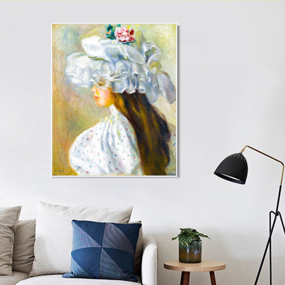 INVIN ART Framed Canvas FEMME AU CHAPEAU BLANC by Pierre Auguste Renoir Wall Art Living Room Home Office Decorations