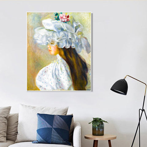 INVIN ART Framed Canvas FEMME AU CHAPEAU BLANC by Pierre Auguste Renoir Wall Art Living Room Home Office Decorations