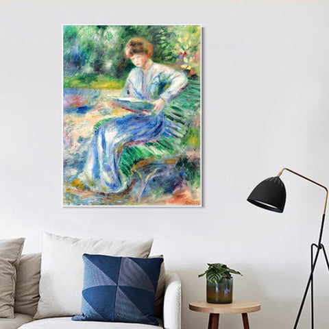 INVIN ART Framed Canvas FEMME LISANT SUR UN BANC by Pierre Auguste Renoir Wall Art Living Room Home Office Decorations