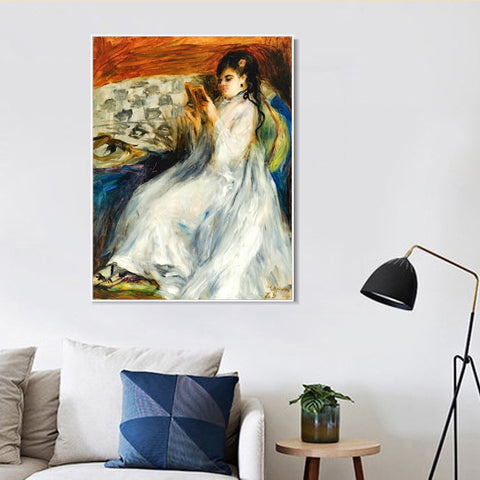 INVIN ART Framed Canvas JEUNE FEMME EN BLANC LISANT by Pierre Auguste Renoir Wall Art Living Room Home Office Decorations