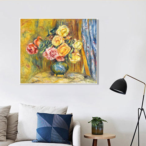 INVIN ART Framed Canvas LES ROSES AU RIDEAU BLEU by Pierre Auguste Renoir Wall Art Living Room Home Office Decorations