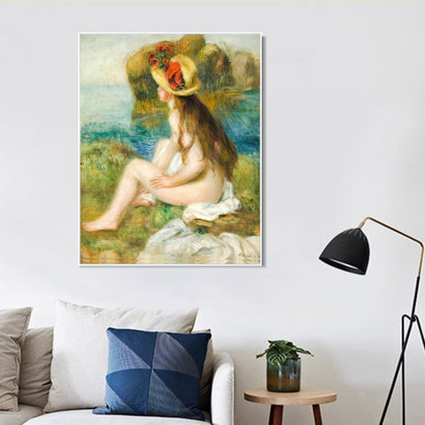 INVIN ART Framed Canvas NU AU CHAPEAU DE PAILLE ASSIS EN BORDURE DE MER by Pierre Auguste Renoir Wall Art Living Room Home Office Decorations