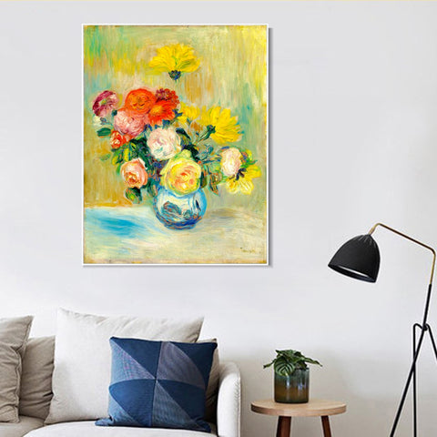 INVIN ART Framed Canvas VASE DE ROSES ET DAHLIAS by Pierre Auguste Renoir Wall Art Living Room Home Office Decorations