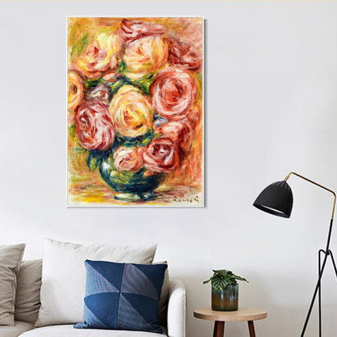 INVIN ART Framed Canvas VASE DE ROSES by Pierre Auguste Renoir Wall Art Living Room Home Office Decorations