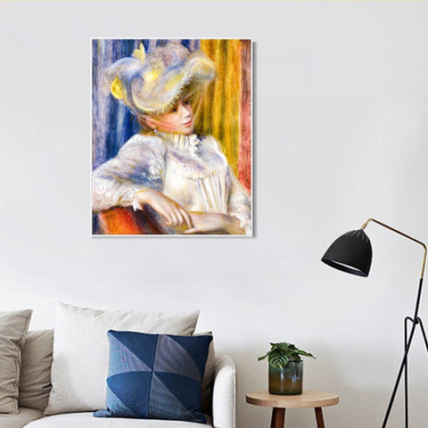 INVIN ART Framed Canvas Woman with a Hat by Pierre Auguste Renoir Wall Art Living Room Home Office Decorations