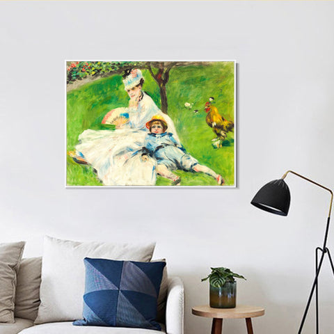INVIN ART Framed Canvas Madame Monet and Her Son by Pierre Auguste Renoir Wall Art Living Room Home Office Decorations