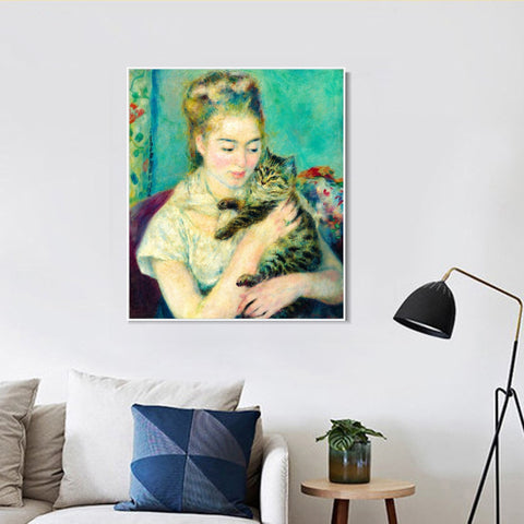 INVIN ART Framed Canvas Woman with a Cat by Pierre Auguste Renoir Wall Art Living Room Home Office Decorations