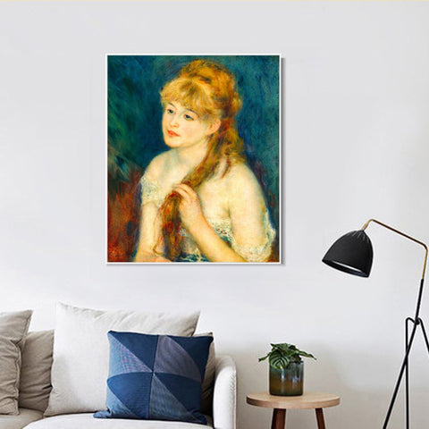 INVIN ART Framed Canvas Young Woman Braiding Her Hair by Pierre Auguste Renoir Wall Art Living Room Home Office Decorations
