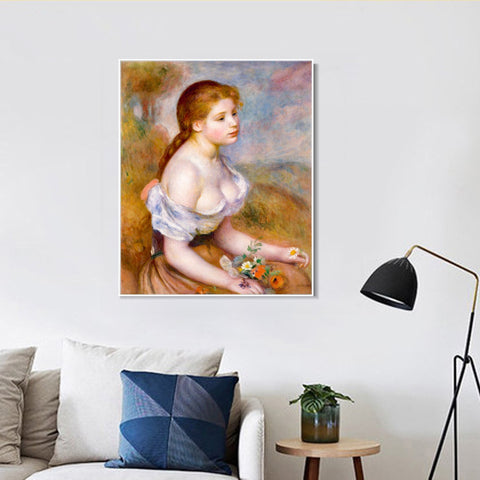INVIN ART Framed Canvas A Young Girl with Daisies by Pierre Auguste Renoir Wall Art Living Room Home Office Decorations