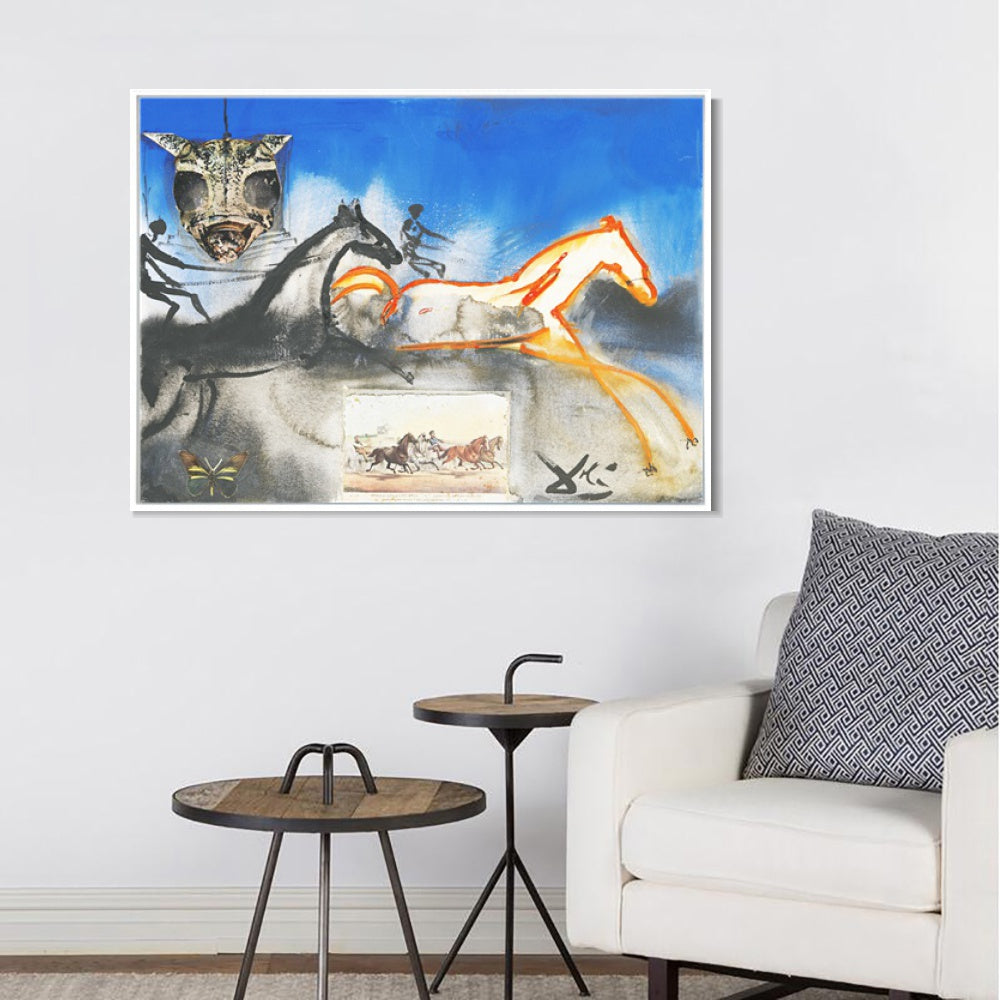 INVIN ART Framed Canvas American Trotting Horses No. 2 (Currier And Ives) 1971 by Salvador Dal Wall Art Living Room Home Office Decorations