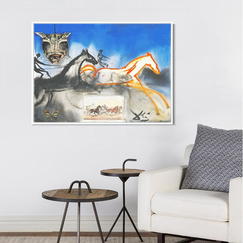 INVIN ART Framed Canvas American Trotting Horses No. 2 (Currier And Ives) 1971 by Salvador Dal Wall Art Living Room Home Office Decorations