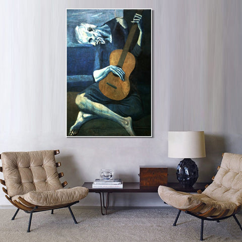 INVIN ART Framed Canvas Giclee Print Art Old guitarist chicago#2 by Pablo Picasso Wall Art Living Room Home Office Decorations