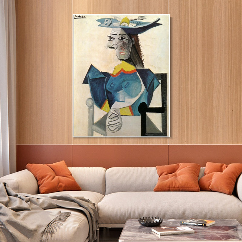 INVIN ART Framed Canvas Giclee Print Art Woman sitting in hat-fish by Pablo Picasso Wall Art