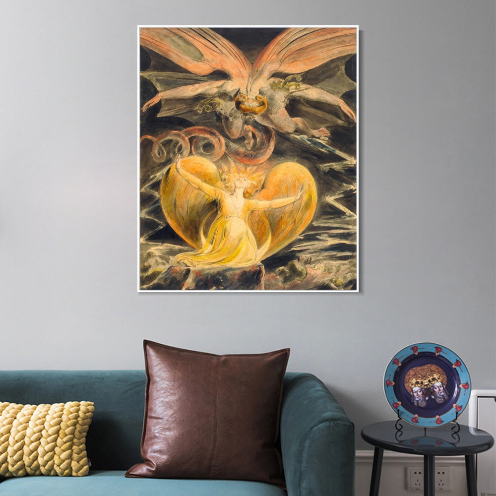 INVIN ART Framed Canvas Giclee Print Art Great RED Dragon Woman Clothed Sun by William Blake Wall Art
