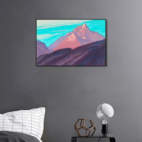 INVIN ART Framed Canvas Giclee Print Turquoise Sky Pink Mountains Purple Foot, 1940 by Nicholas Roerich Wall Art Living Room Home Office Decorations