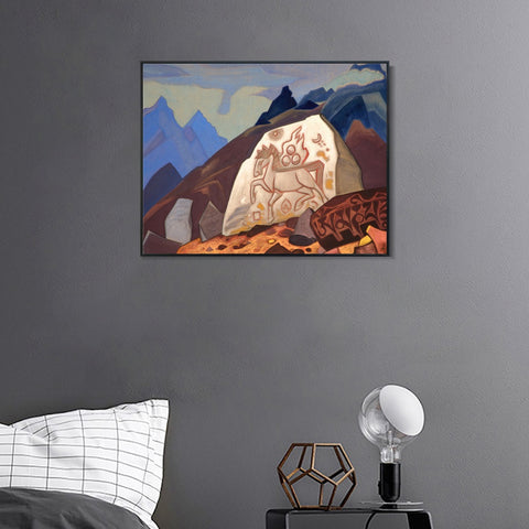 INVIN ART Framed Canvas Giclee Print White Stone Sign of Cintamani or Horse of Happiness, 1933 by Nicholas Roerich Wall Art Living Room Home Office Decorations