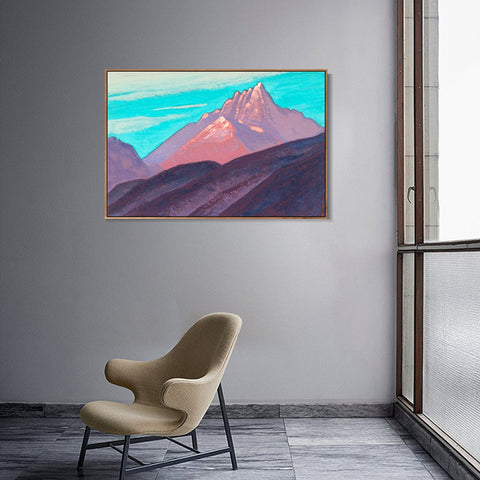 INVIN ART Framed Canvas Giclee Print Turquoise Sky Pink Mountains Purple Foot, 1940 by Nicholas Roerich Wall Art Living Room Home Office Decorations