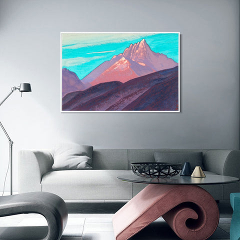 INVIN ART Framed Canvas Giclee Print Turquoise Sky Pink Mountains Purple Foot, 1940 by Nicholas Roerich Wall Art Living Room Home Office Decorations