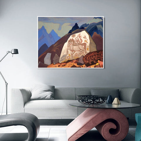 INVIN ART Framed Canvas Giclee Print White Stone Sign of Cintamani or Horse of Happiness, 1933 by Nicholas Roerich Wall Art Living Room Home Office Decorations