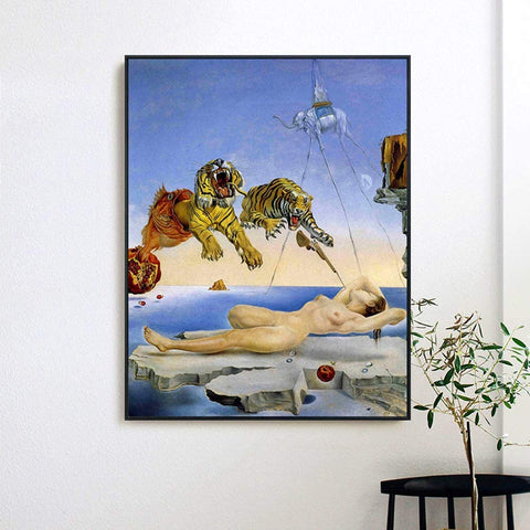 INVIN ART Framed Canvas Giclee Print --Dream Caused by the Flight of a Bee a Second Before Awakening by Salvador Dali Wall Art(24"x32",Black Slim Frame)