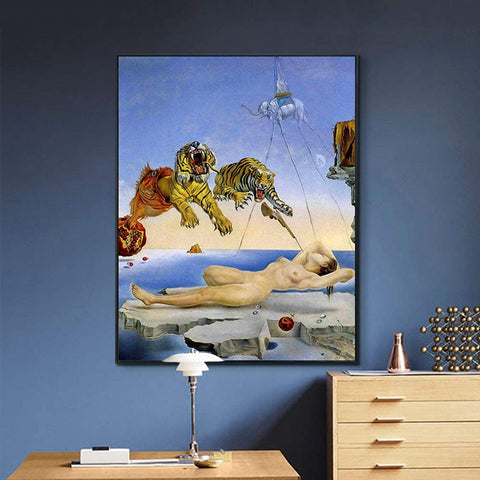 INVIN ART Framed Canvas Giclee Print --Dream Caused by the Flight of a Bee a Second Before Awakening by Salvador Dali Wall Art(24"x32",Black Slim Frame)