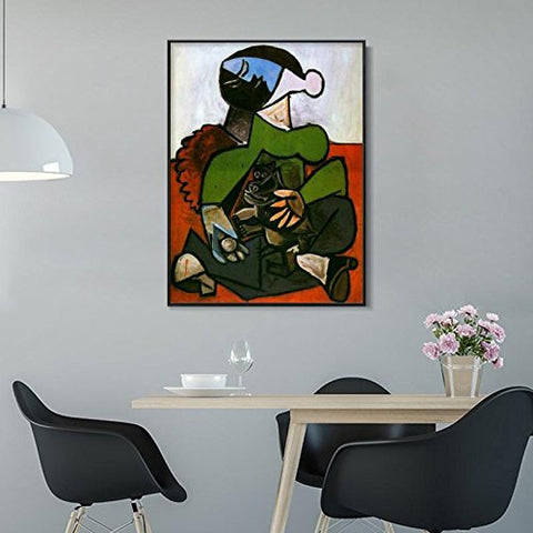 Framed Stretch Canvas Sitting Woman with Dog by Pablo Picasso Wall Art