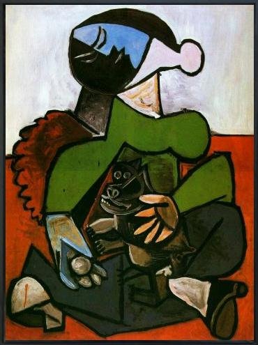 Framed Stretch Canvas Sitting Woman with Dog by Pablo Picasso Wall Art