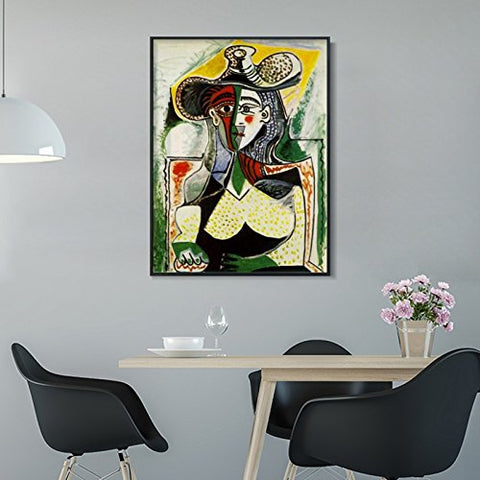 INVIN ART Framed Canvas Giclee Print Art-Abstract Painting Woman with a Big Hat by Pablo Picasso Wall Art Home Decor